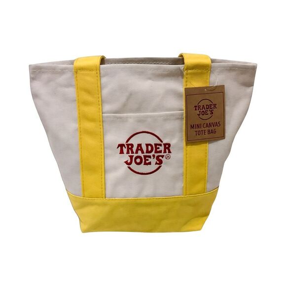 Trader Joe’s Mini Canvas Tote Bag - Yellow & Cream, Reusable - Picture 3 of 5